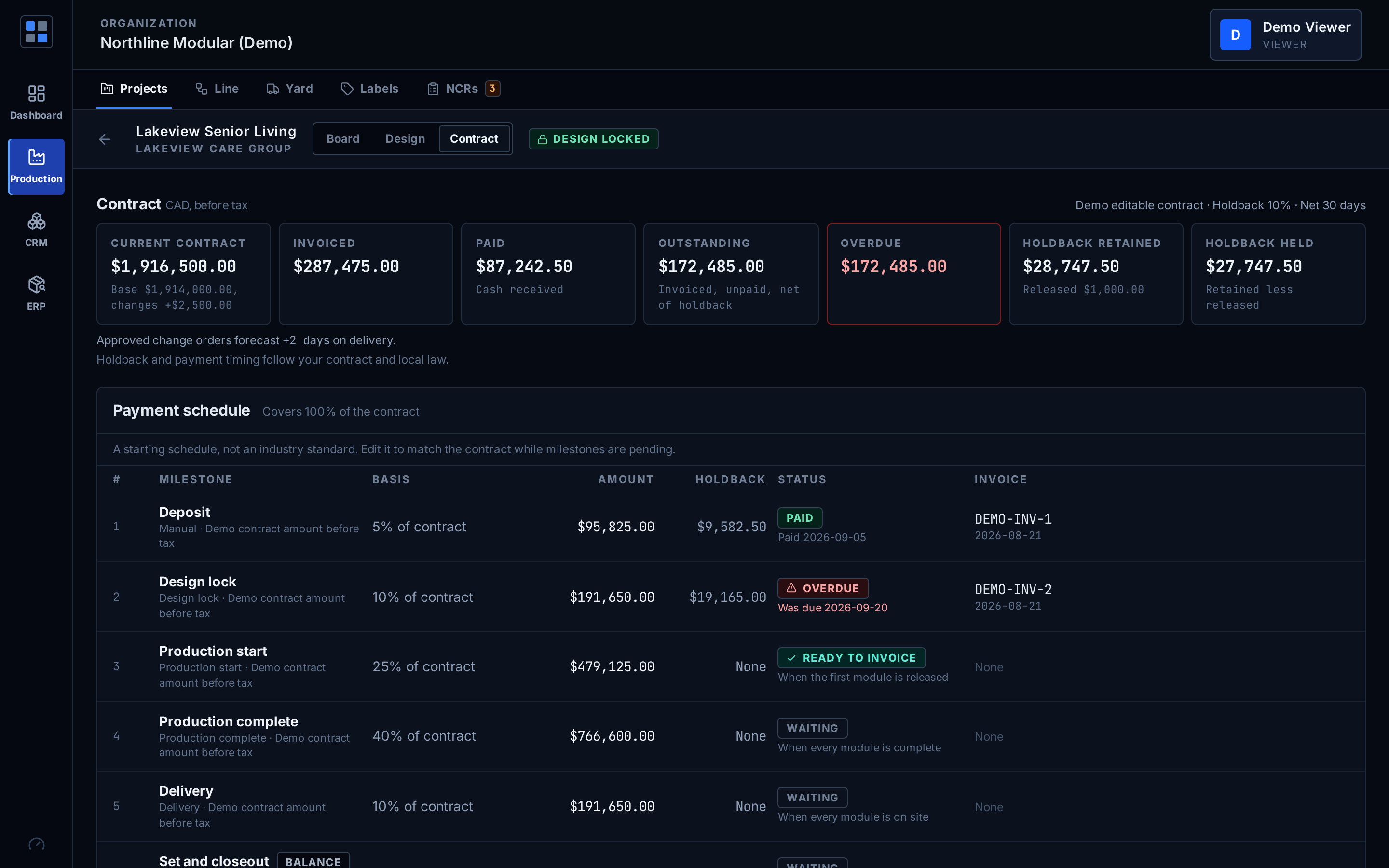 Contract tab: contract summary, payment schedule with ready-to-invoice markers and holdback releases