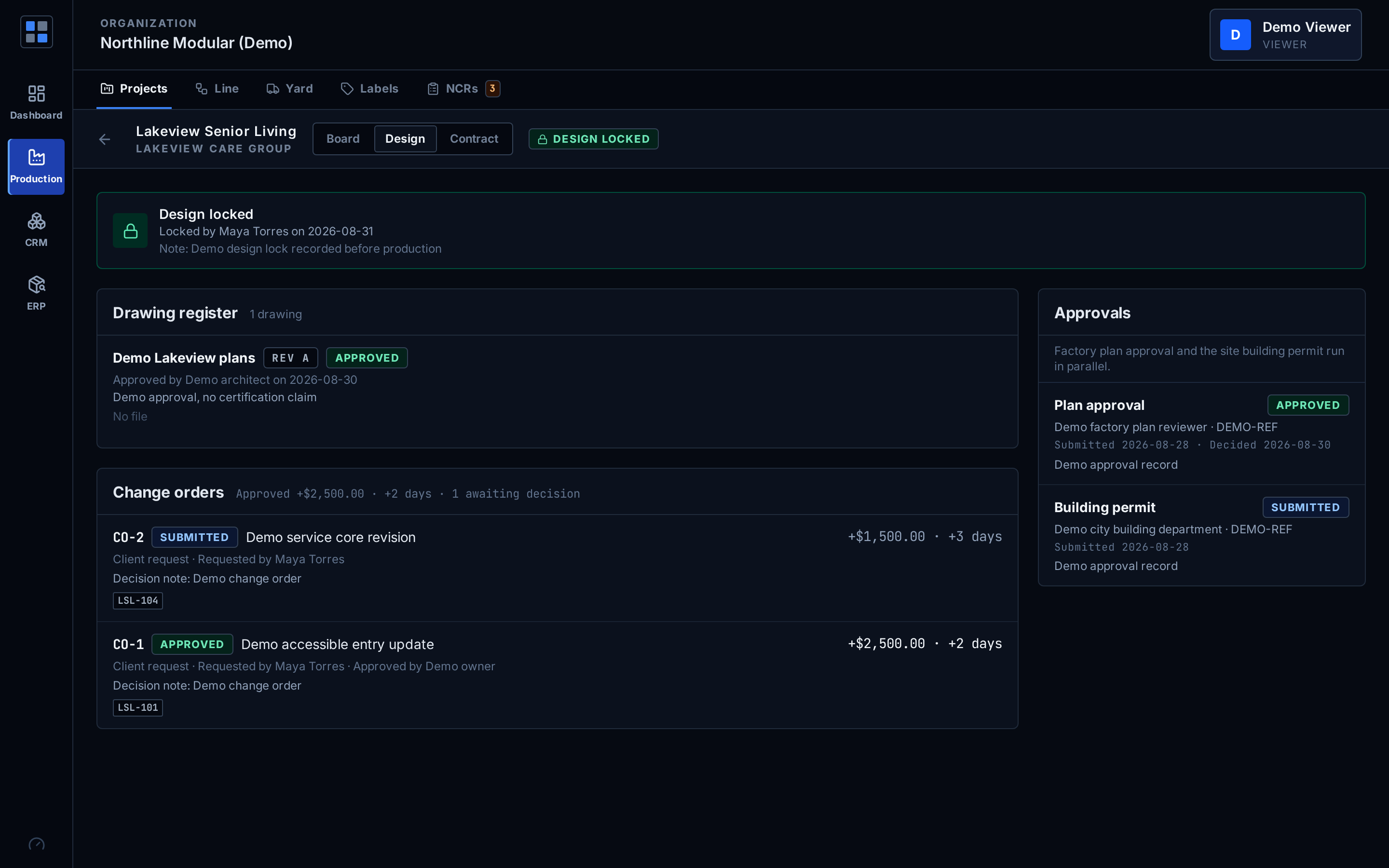 Design tab: design lock, drawing register, change orders and approvals