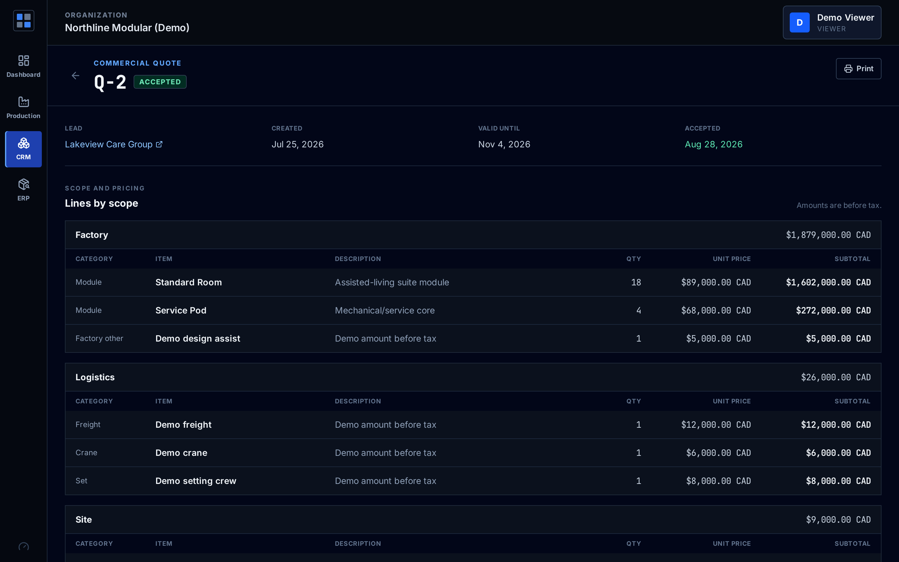 Quote split into factory, logistics and site scope with subtotals and exclusions