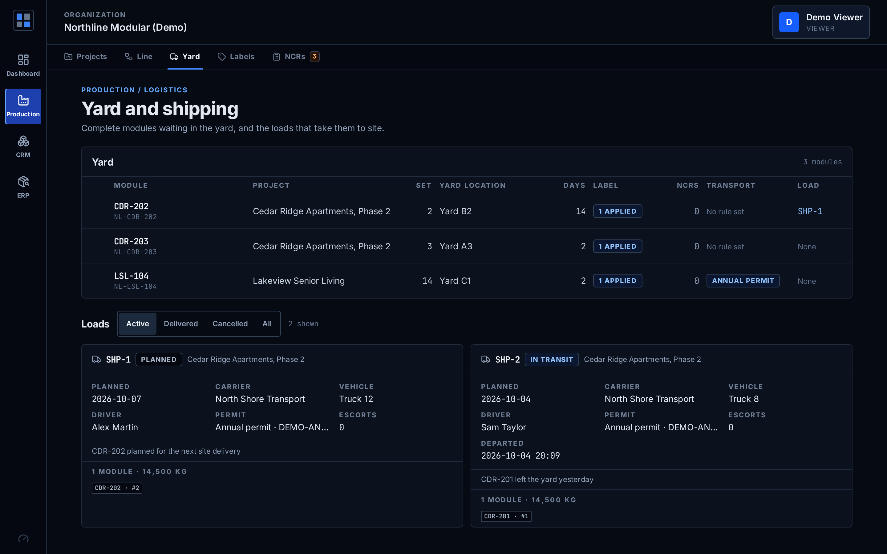 Yard and shipping: complete modules, yard locations, transport hints and loads